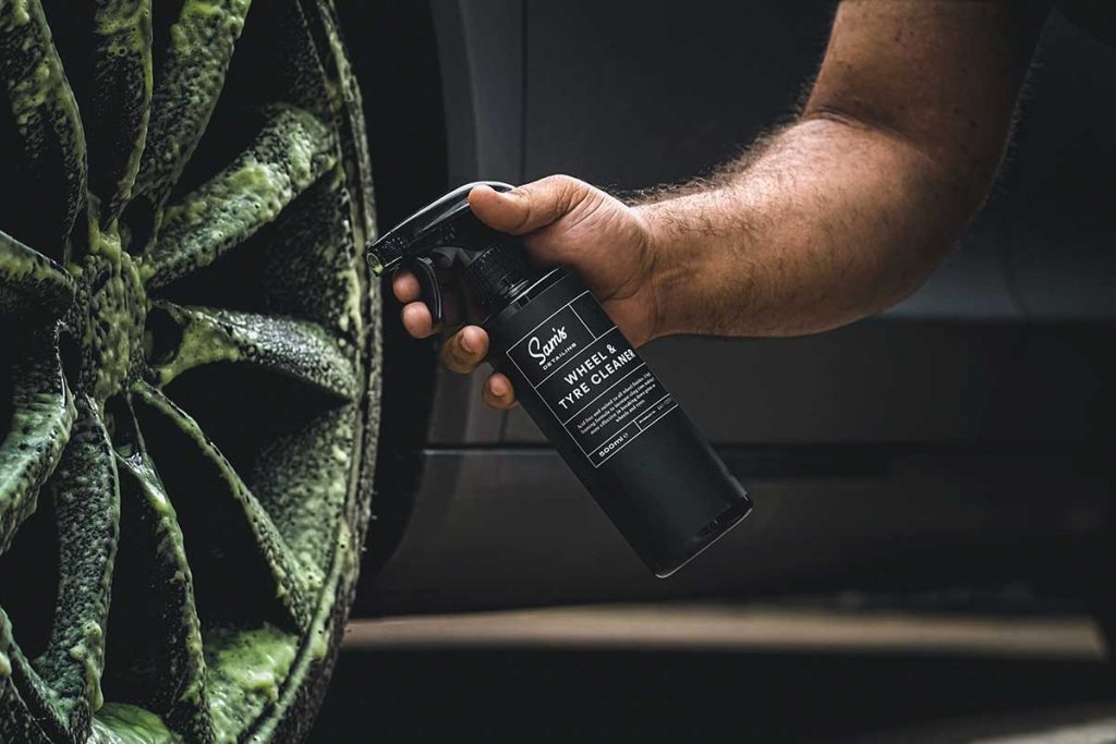 Sam's Detailing Wheel and Tyre Cleaner being applied to a dirty wheel.